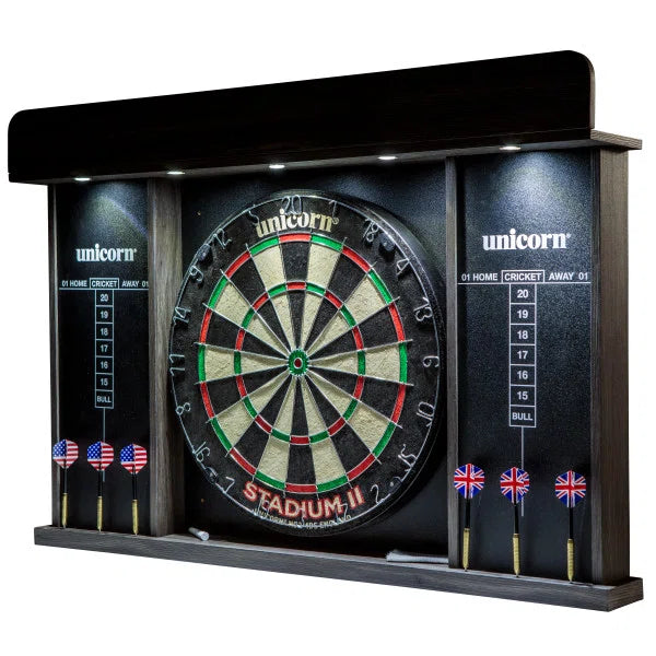 Unicorn Stadium II Lighted Dartboard Cabinet Set – Professional Bristle Dartboard with LED Lighting & Scoreboards