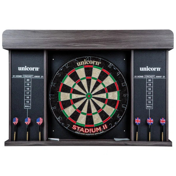 Unicorn Stadium II Lighted Dartboard Cabinet Set – Professional Bristle Dartboard with LED Lighting & Scoreboards