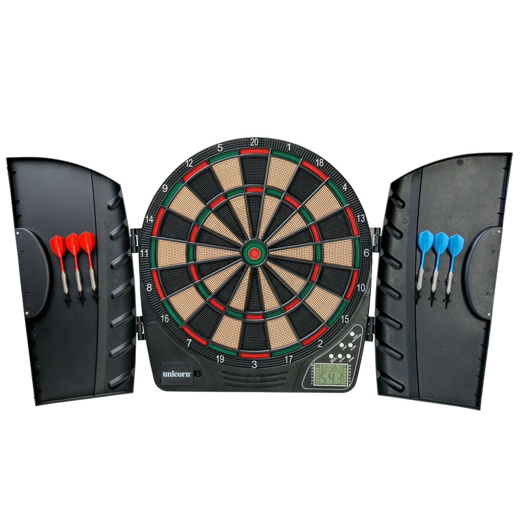 Unicorn ELX300 Electronic Dartboard Cabinet Set with LCD Display & Soft Tip Darts