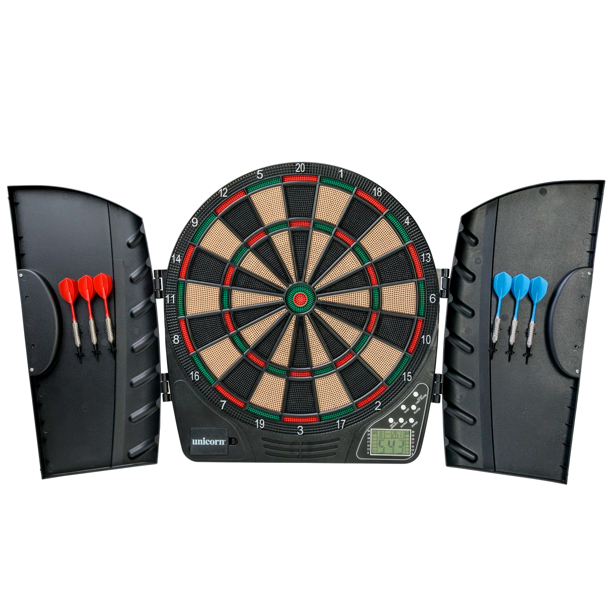 Unicorn ELX300 Electronic Dartboard Cabinet Set with LCD Display & Soft Tip Darts
