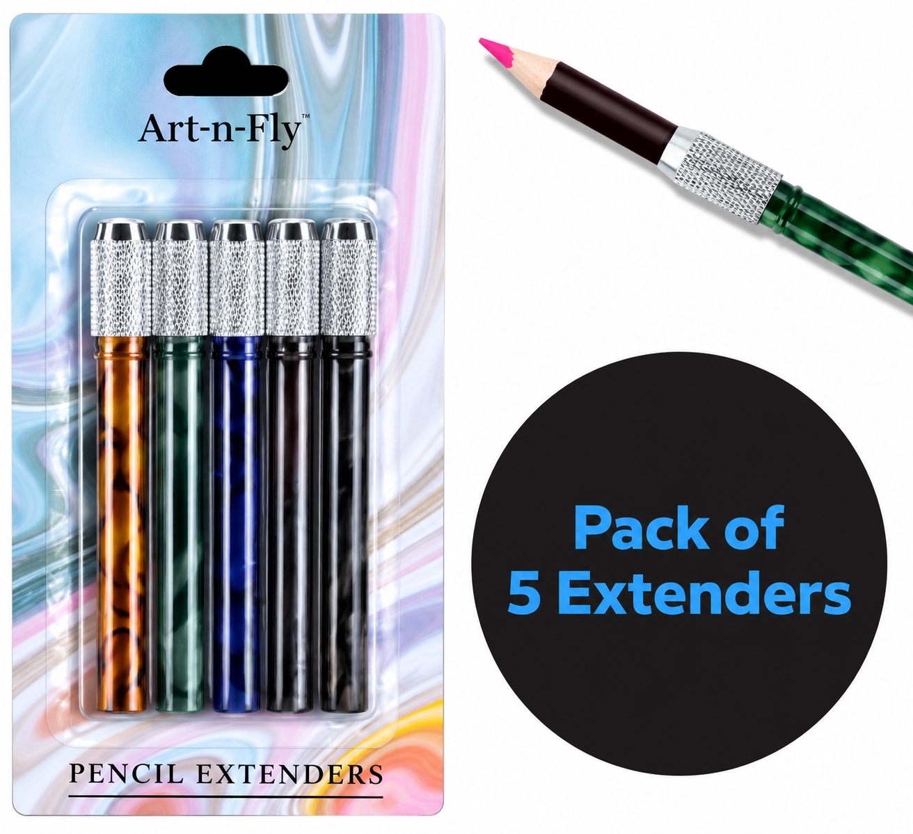 Art-n-Fly Pencil Extenders Set of 5, Color Pencil Lengtheners for Colored Pencils & Crayons, Comfortable Grip Pencil Holders for Artists, Students & Hobbyists