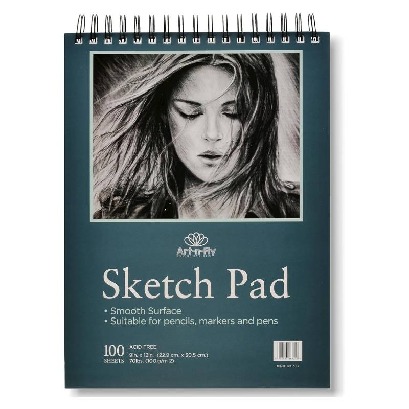 ArtNFly Spiral Bound Sketch Pad, 9 x 12 Inch, 100 Sheets, Smooth Acid-Free Drawing Paper, 70 lb Weight, Ideal for Pencil, Pen & Marker Sketching for Artists, Adults & Kids