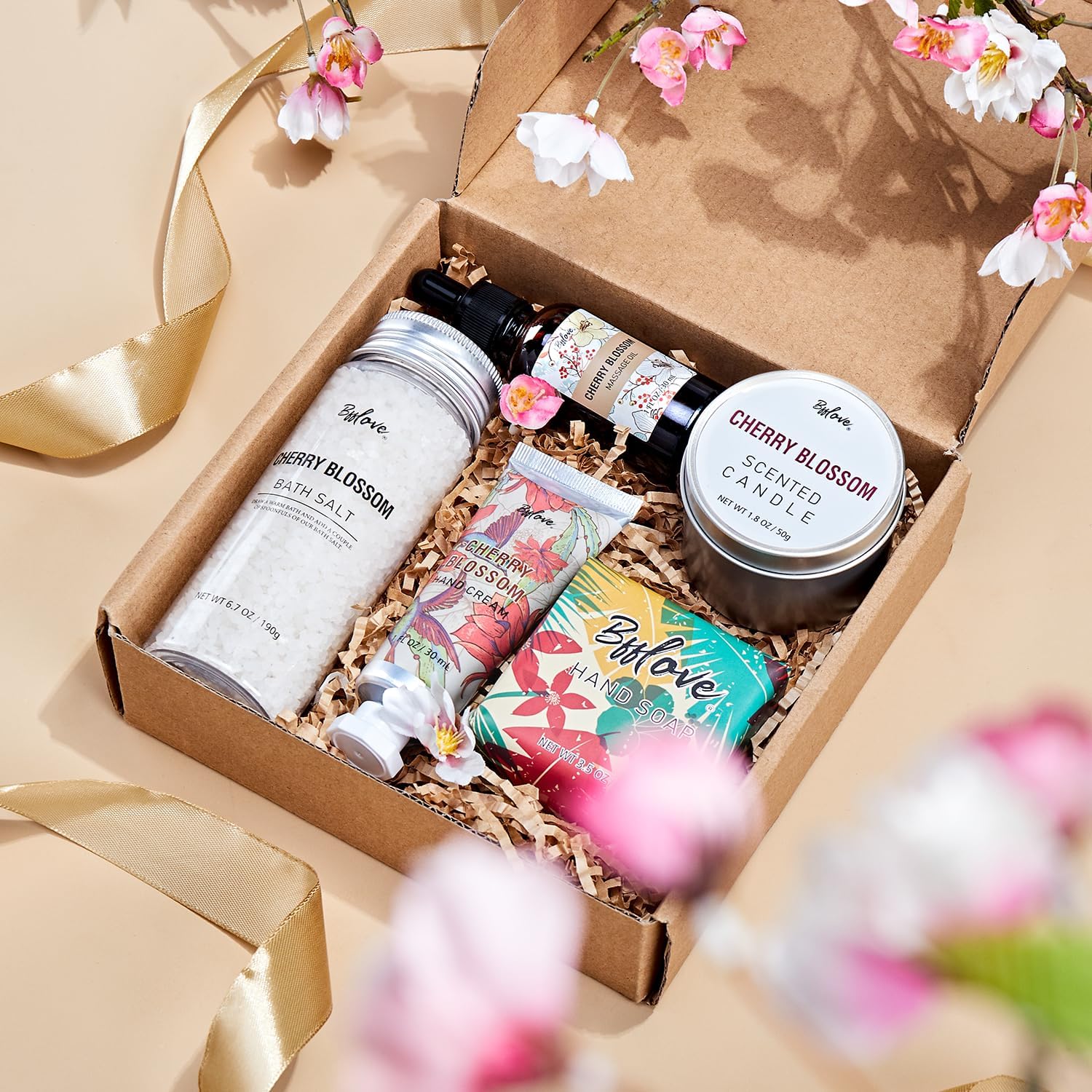 BFFlove Cherry Blossom Spa Gift Set – Luxury Bath & Body Gift Box with Bath Salts, Candle, Essential Oil & Soap