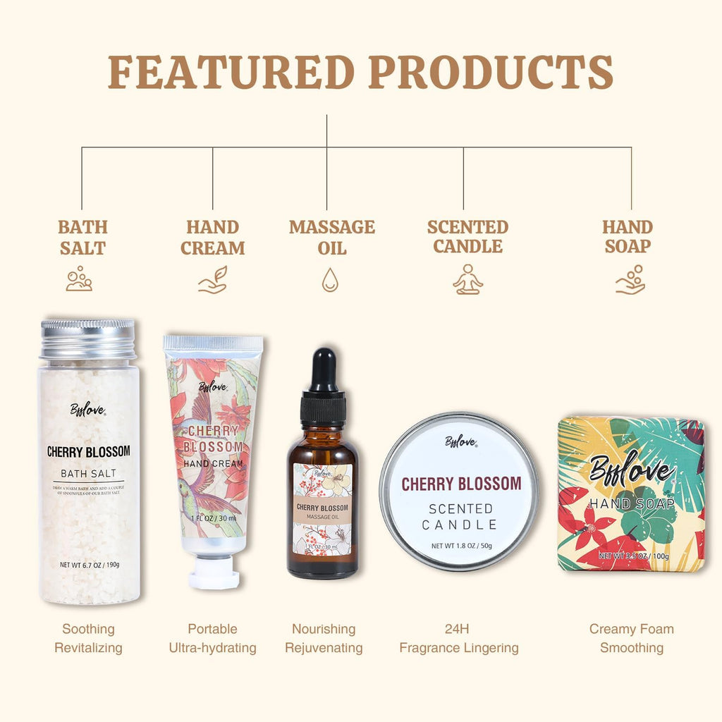 BFFlove Cherry Blossom Spa Gift Set – Luxury Bath & Body Gift Box with Bath Salts, Candle, Essential Oil & Soap