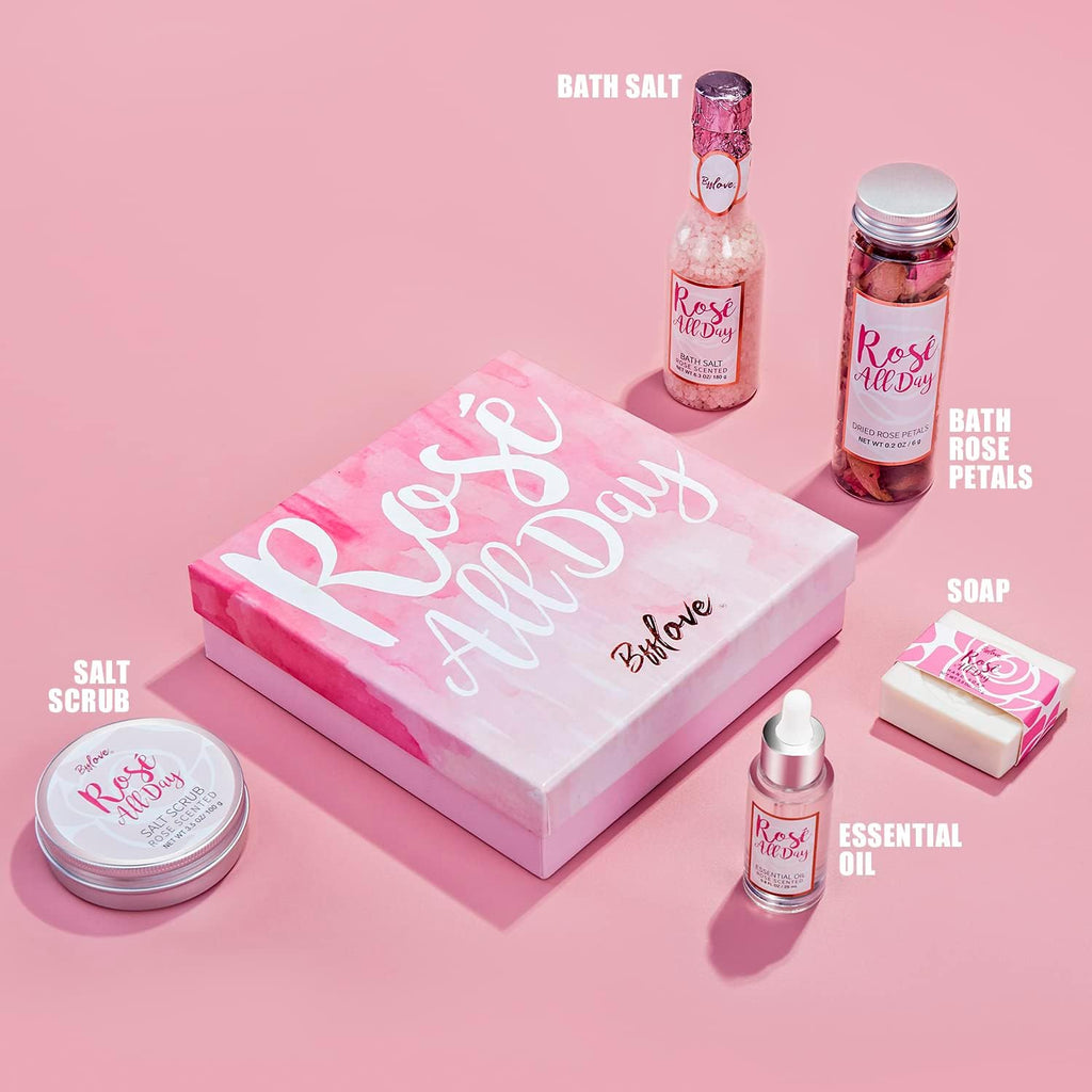 BFFlove Rosé All Day Spa Gift Set – Rose Scent Bath Salt, Body Scrub, Essential Oil, Soap & Dried Rose Petals Gift Box