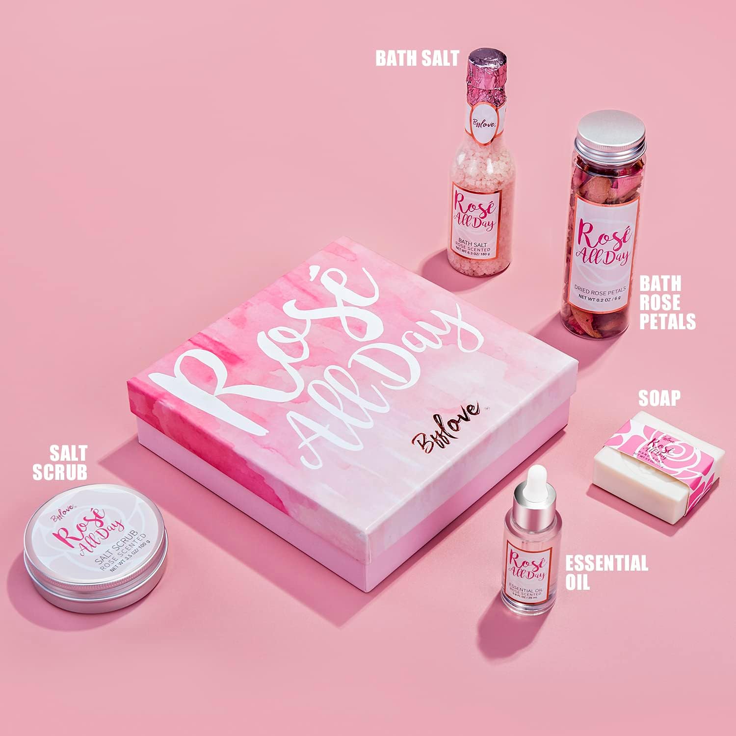 BFFlove Rosé All Day Spa Gift Set – Rose Scent Bath Salt, Body Scrub, Essential Oil, Soap & Dried Rose Petals Gift Box