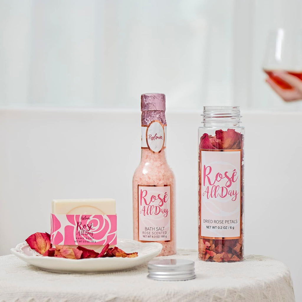 BFFlove Rosé All Day Spa Gift Set – Rose Scent Bath Salt, Body Scrub, Essential Oil, Soap & Dried Rose Petals Gift Box