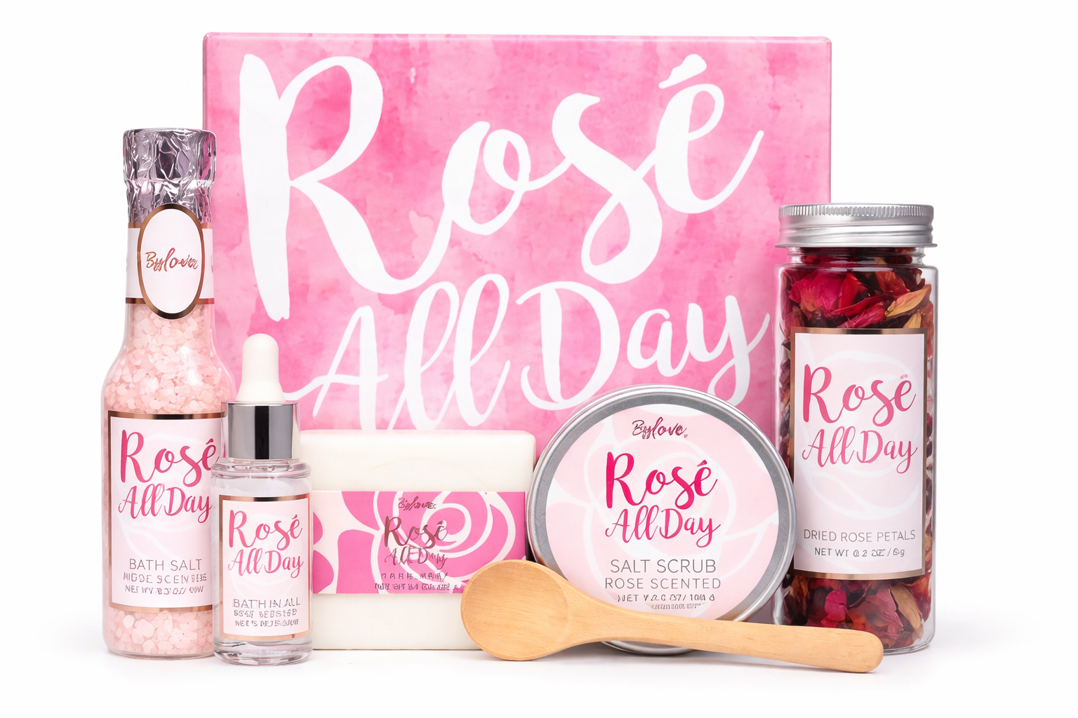 BFFlove Rosé All Day Spa Gift Set – Rose Scent Bath Salt, Body Scrub, Essential Oil, Soap & Dried Rose Petals Gift Box