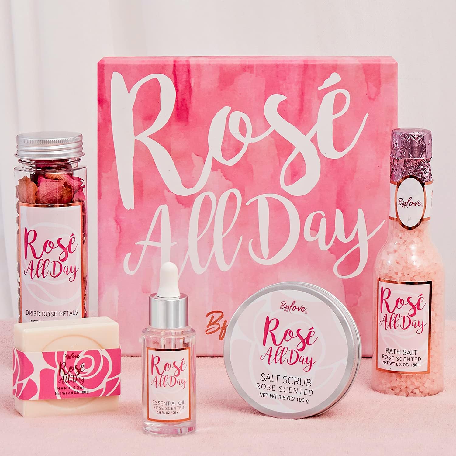 BFFlove Rosé All Day Spa Gift Set – Rose Scent Bath Salt, Body Scrub, Essential Oil, Soap & Dried Rose Petals Gift Box