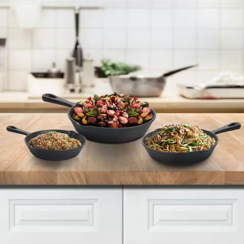 Navaris Cast Iron Skillet Set – 6", 8" & 10" Pre-Seasoned Frying Pans for Oven, Stovetop, Grill & Campfire