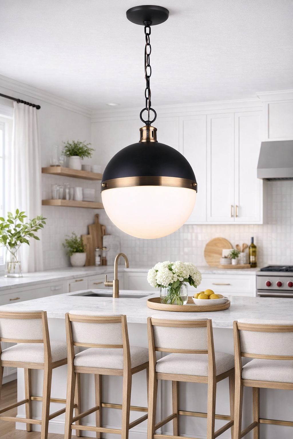 Canarm DELTA 1-Light Ceiling Pendant – 13" Matte Black & Brass Metal Fixture with Flat Opal Glass Shade