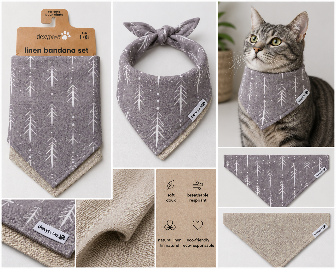 Dexypaws 2-Piece Linen Dog Bandana Set – Mauve & Sage Green (L/XL)