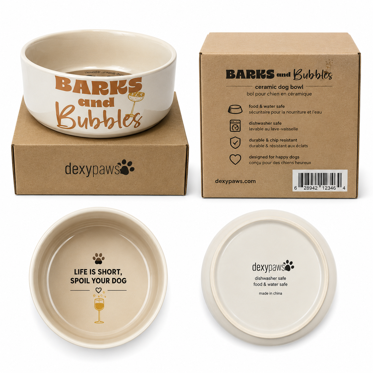 Dexypaws Barks & Bubbles Ceramic Dog Bowl – 50oz (8 Inches)