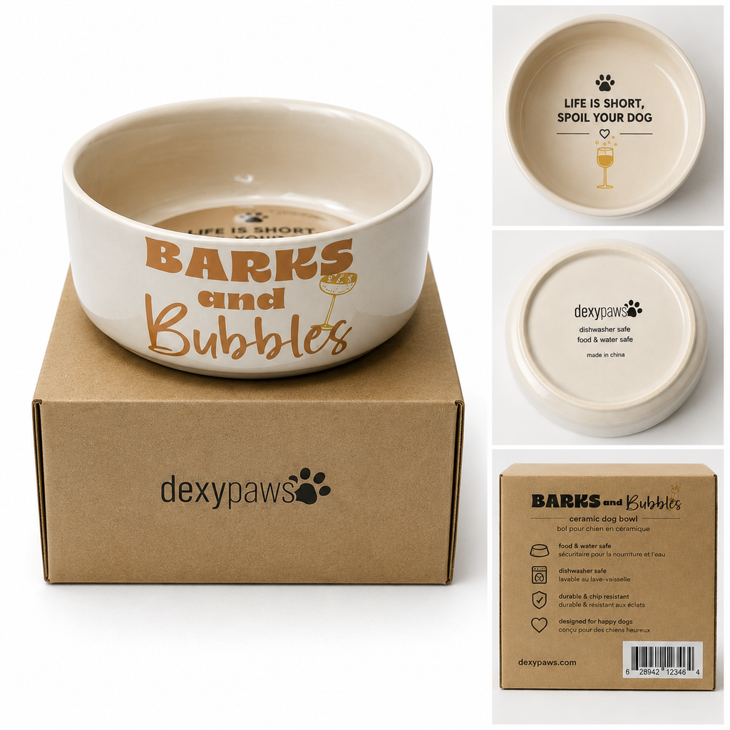 Dexypaws Barks & Bubbles Ceramic Dog Bowl – 50oz (8 Inches)
