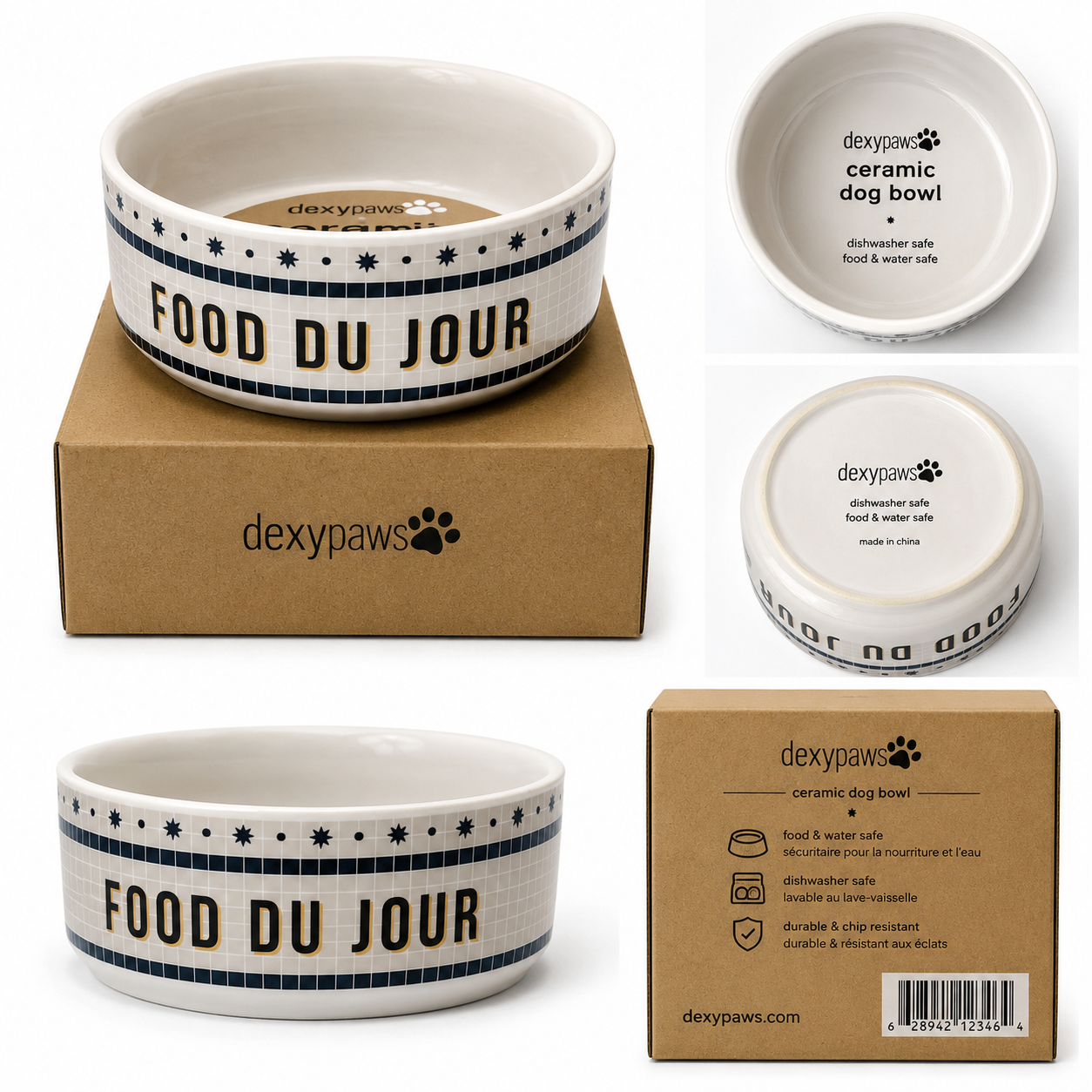 Dexypaws Food du Jour Ceramic Dog Bowl – 50oz (8 Inches)