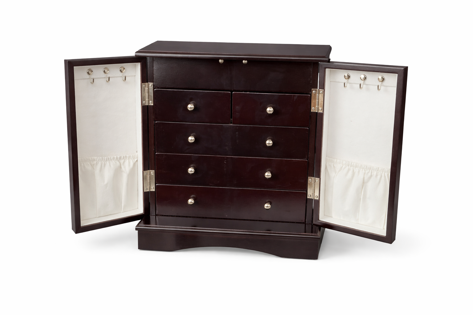 Elegant Wooden Jewelry Armoire Organizer – Multi-Drawer Storage Chest with Mirror Doors & Necklace Hooks (Dark Walnut Finish)