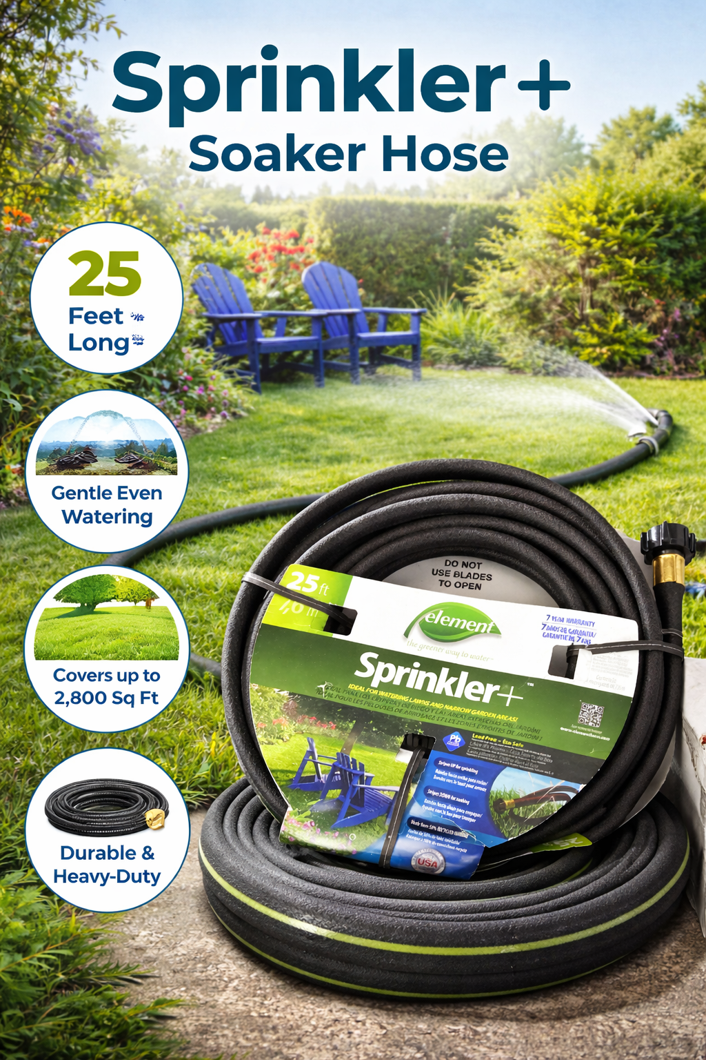 Element Sprinkler+ Soaker Hose 25 ft (7.6 m) – Flat Garden Soaker Hose for Lawn & Garden Watering, Lead-Free & Eco-Safe
