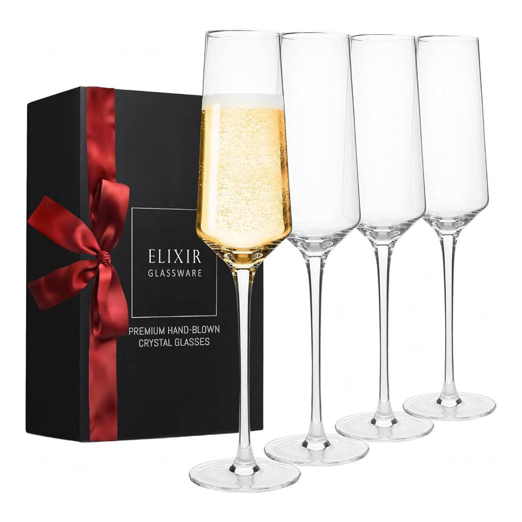 ELIXIR GLASSWARE Classy Champagne Flutes Set of 4 – 8oz Hand-Blown Crystal Champagne Glasses for Weddings, Engagements & Housewarming Gifts