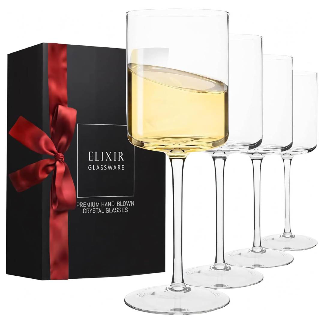 Elixir Premium Square Wine Glasses Set of 4 – 14oz Hand-Blown Crystal Glasses for Red & White Wine with Gift Packaging