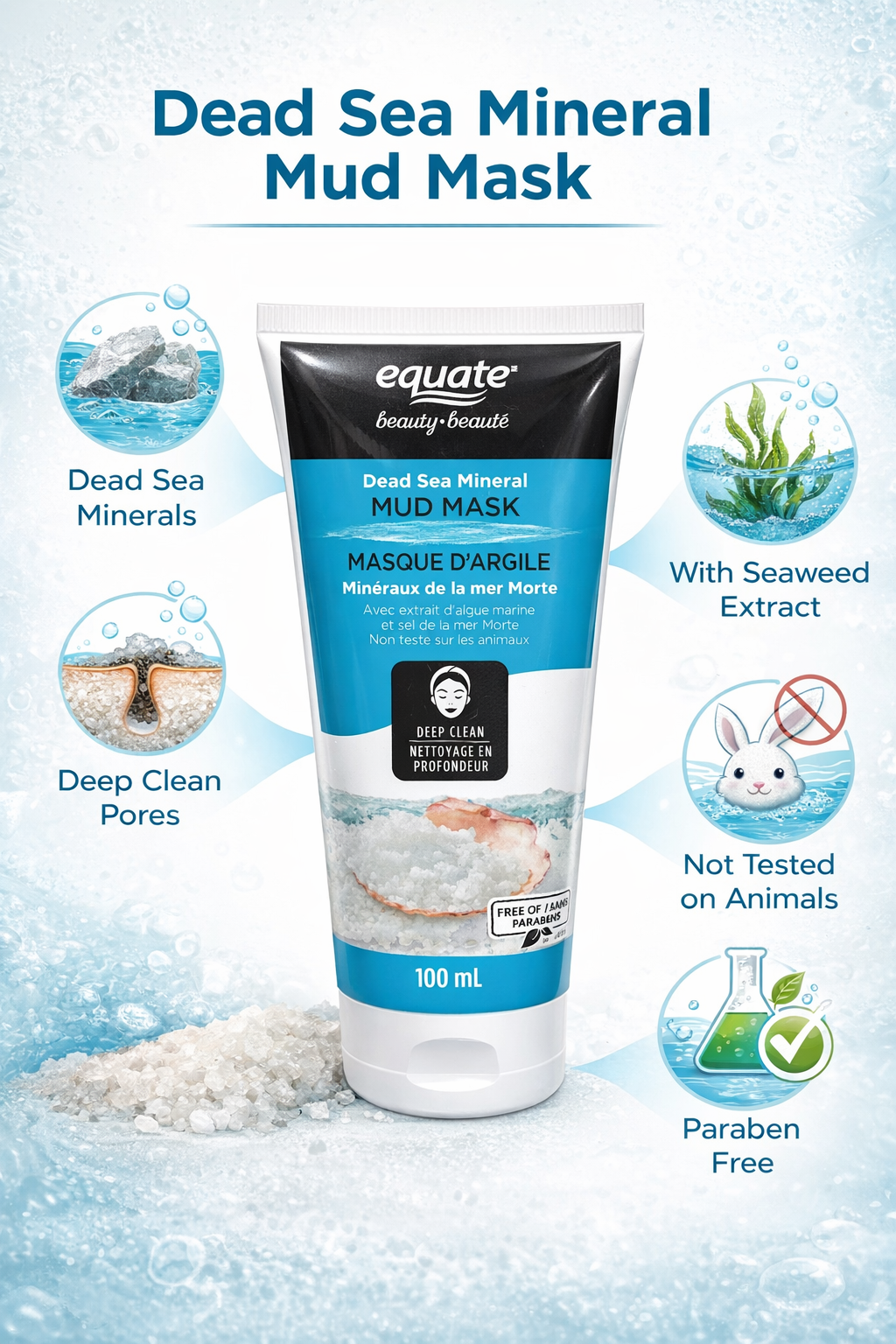 Equate Beauty Dead Sea Mineral Mud Mask – Deep Cleansing Face Mask with Seaweed Extract & Dead Sea Salt, Paraben-Free, 100 mL