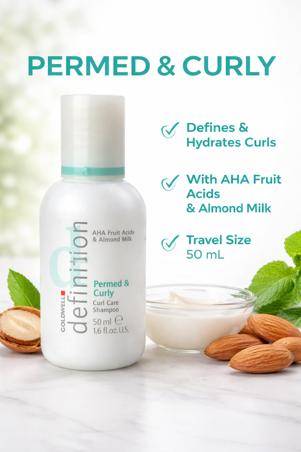 Goldwell Definition Curl Care Shampoo – AHA Fruit Acids & Almond Milk for Permed & Curly Hair, 50 ml Travel Size