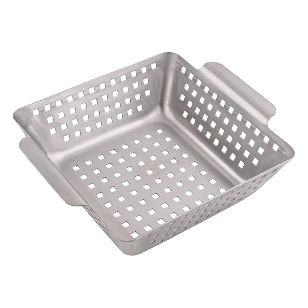 GOURMEO Stainless Steel Grill Basket – 8.2" x 8.2" x 2.7" BBQ Grilling Basket for Vegetables, Fish & Meat