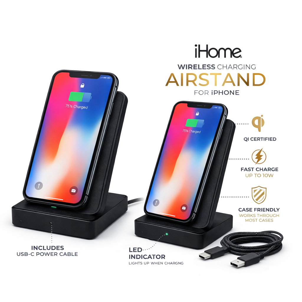 iHome Wireless Charging Air Stand for iPhone – 10W Fast Qi Charger Stand | Model IHQI2114B-WM