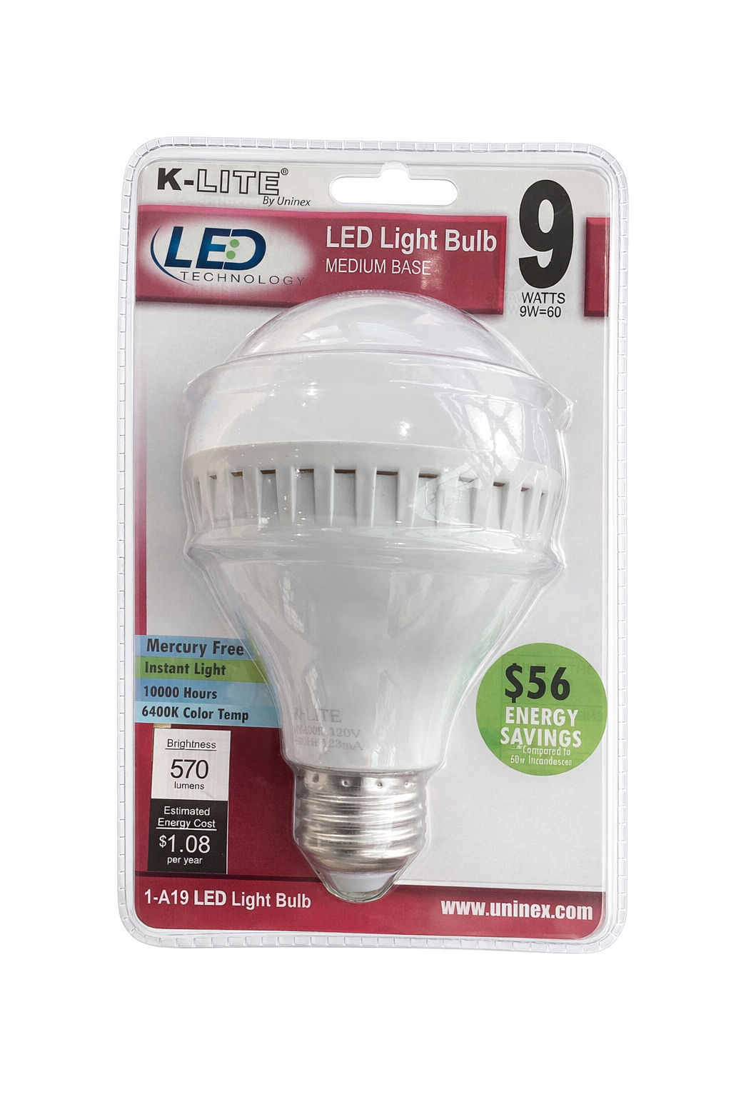 K-Lite 9W LED Light Bulb A19 – Medium Base, 6400K Daylight, 570 Lumens