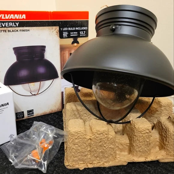 Sylvania Vintage Beverly Semi-Flush Mount LED Barn Cage Light Fixture, Black