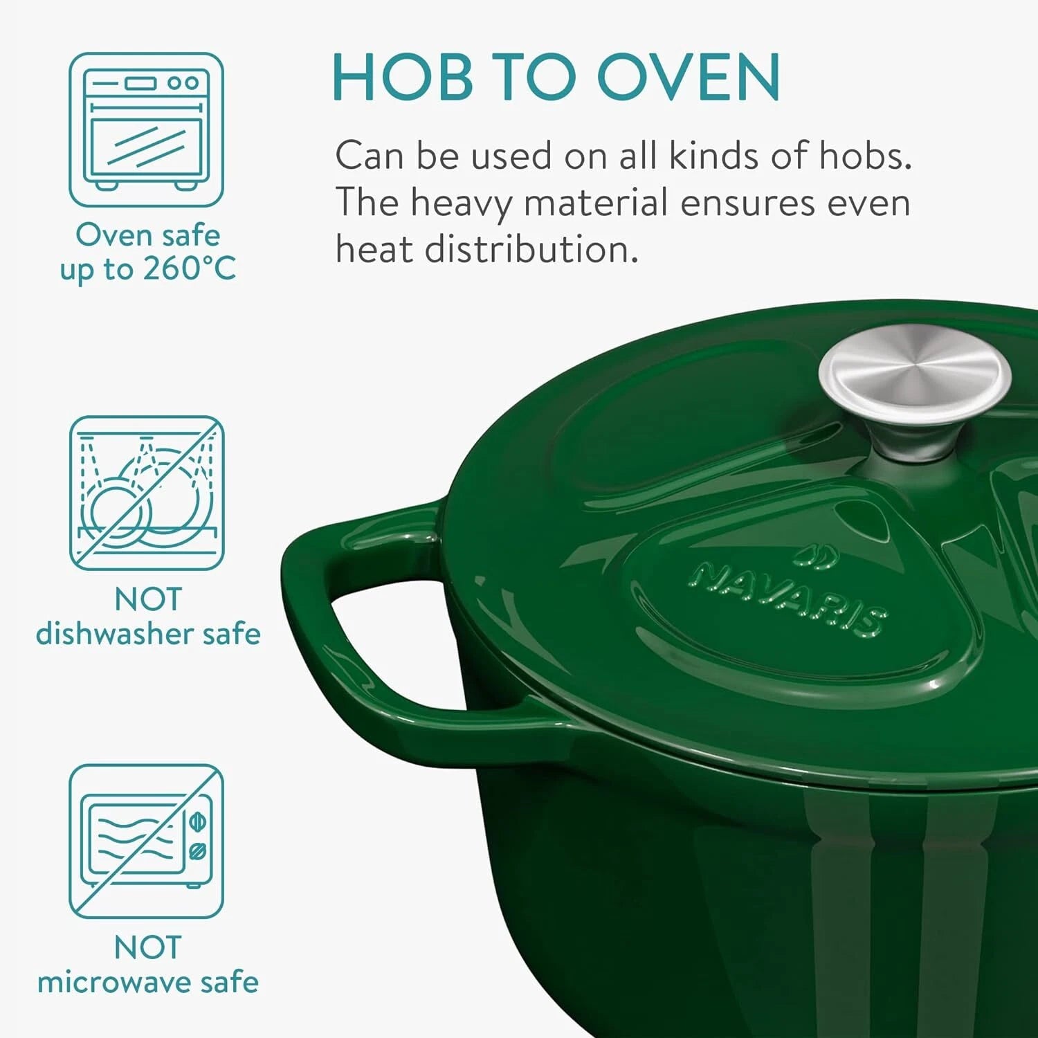 Navaris Enameled Cast Iron Dutch Oven – 2.6 Quart Casserole Pot with Lid, Induction & Oven Safe, Glossy Green (20cm)
