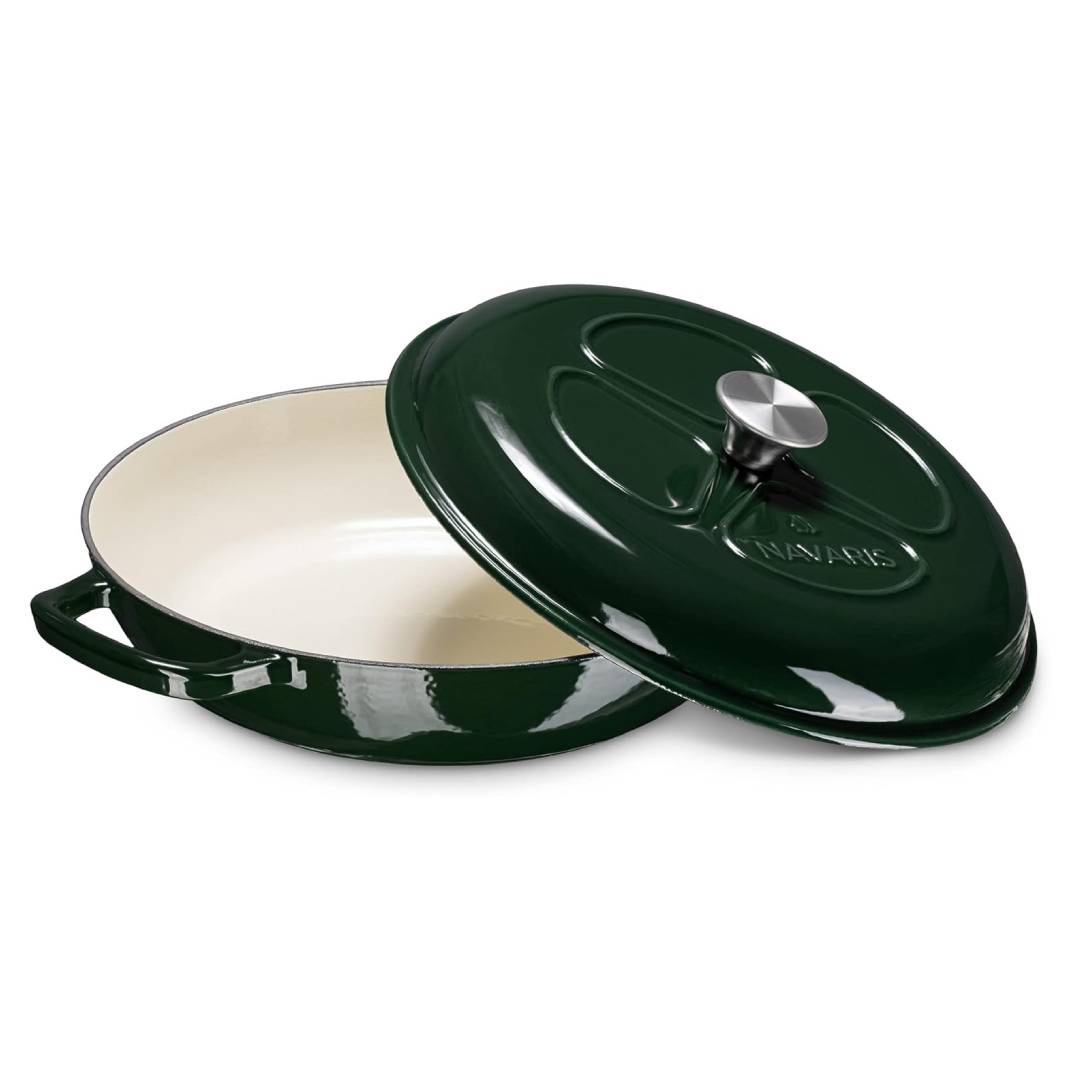 Navaris Dutch Oven Pan with Lid – 3.7 QT Enameled Cast Iron Skillet, Covered Round Casserole Pot, Induction Safe – Dark Green