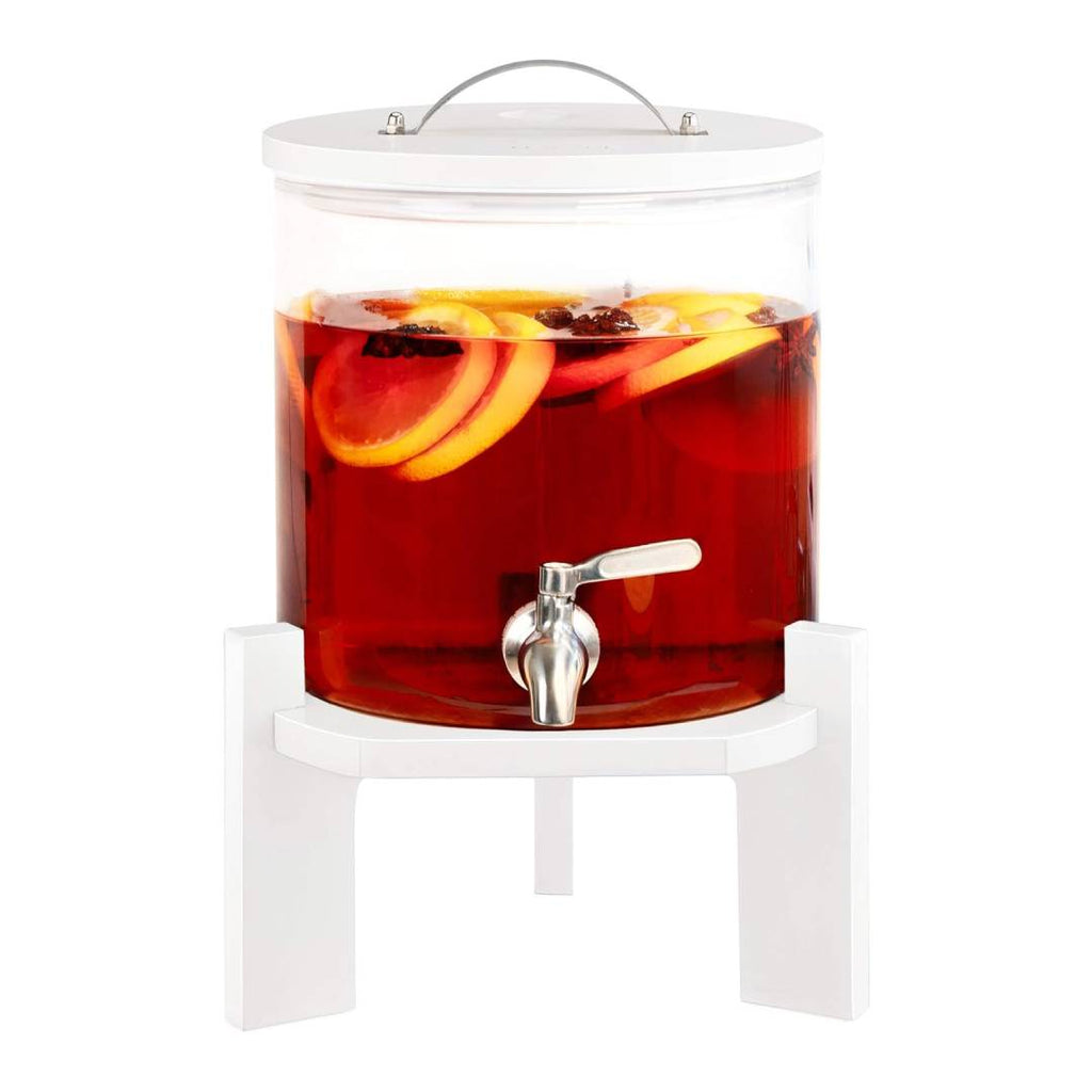 Navaris Beverage Dispenser with Stand – 1.3 Gallon (5L) Glass Drink Dispenser with Stainless Steel Spigot & White Beech Wood Stand