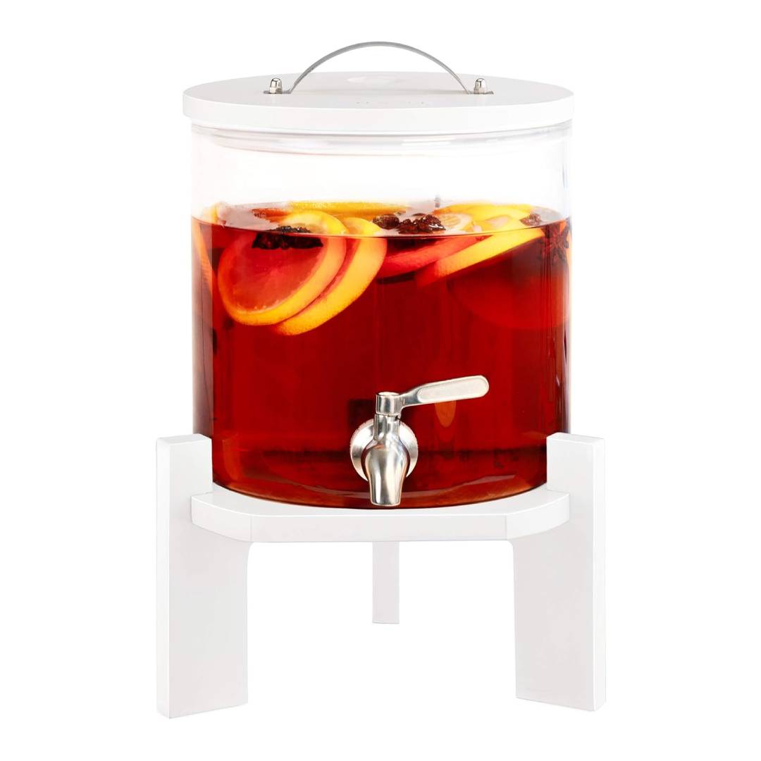 Navaris Beverage Dispenser with Stand – 1.3 Gallon (5L) Glass Drink Dispenser with Stainless Steel Spigot & White Beech Wood Stand