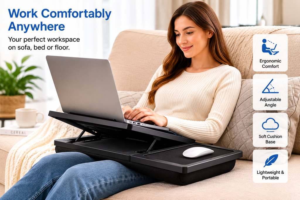 Navaris adjustable laptop desk with mouse pad phone stand and pen slot in black
