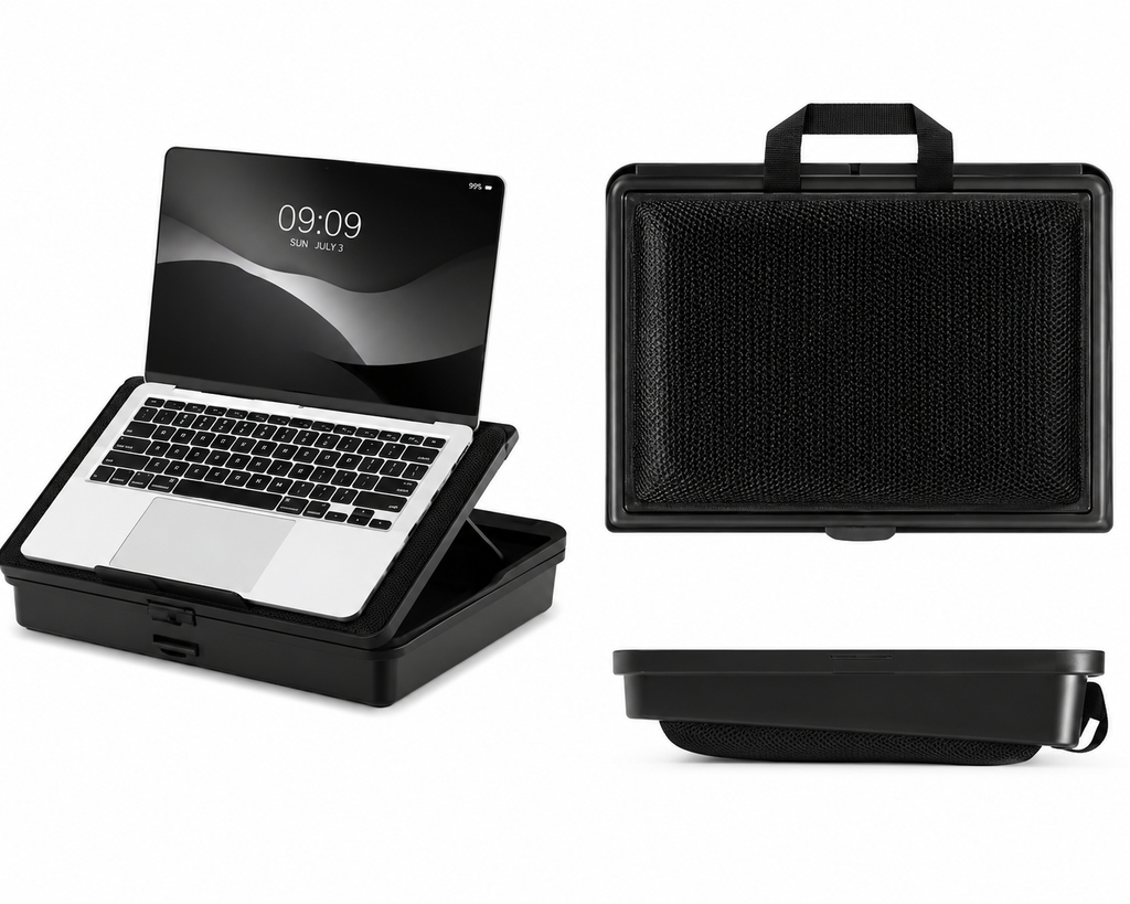 Navaris adjustable laptop desk with cushioned lap tray, lockable storage compartments, carrying handle, and ergonomic laptop stand shown in front, top, and side views