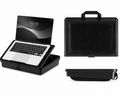 Navaris adjustable laptop desk with cushioned lap tray, lockable storage compartments, carrying handle, and ergonomic laptop stand shown in front, top, and side views