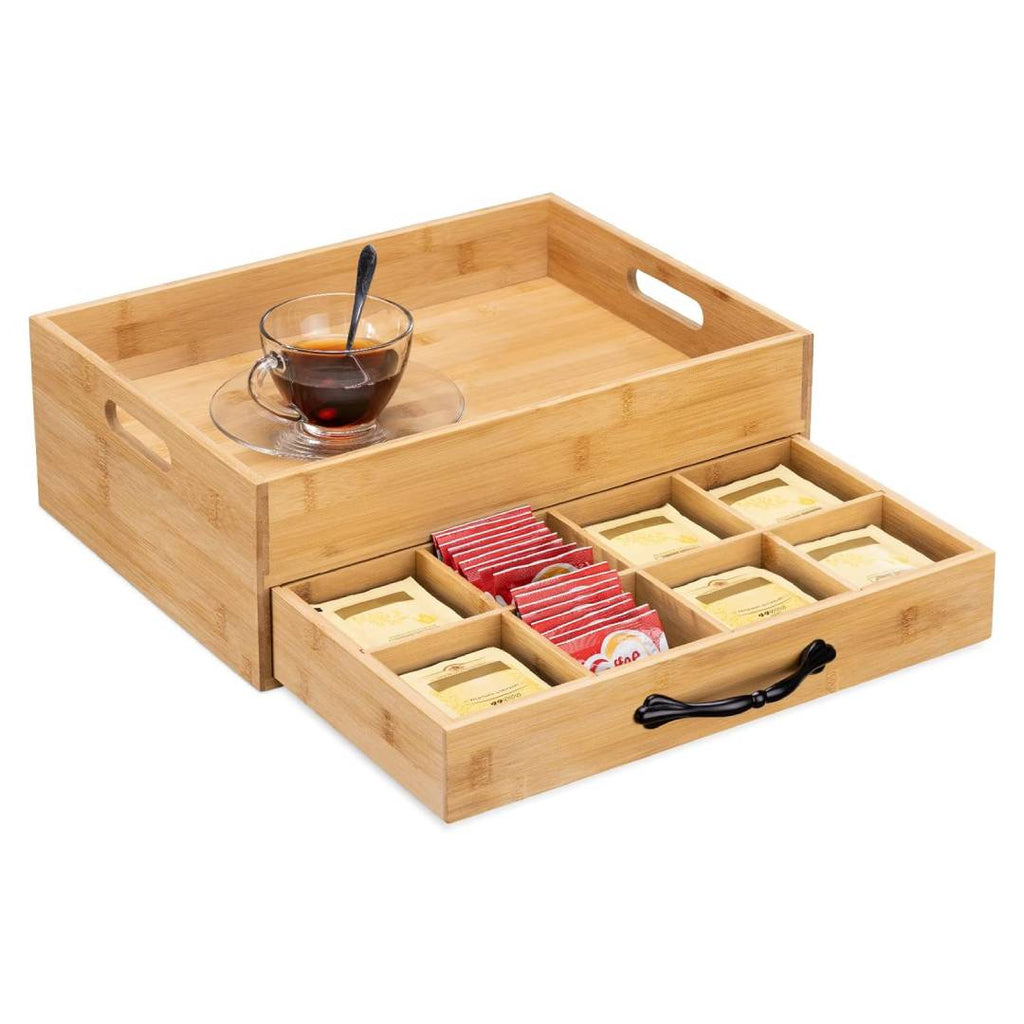 Navaris Bamboo Tea Box & Serving Tray – 12 Compartment Tea Storage Organizer with Removable Carry Tray & Tea Bag Drawer