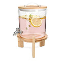 Navaris Beverage Dispenser with Stand – 1.3 Gallon (5L) Glass Drink Dispenser with Spigot, Lid & Wooden Stand