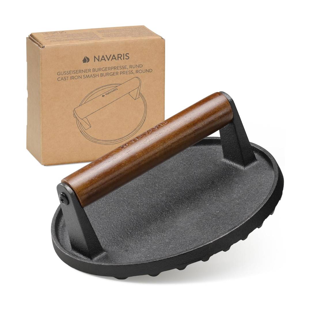 Navaris Cast Iron Round Burger Smasher – 6.9" Heavy-Duty Smash Burger Press with Wooden Handle for BBQ, Grill & Griddle