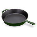 Navaris Enameled Cast Iron Skillet - 12" (30cm) Pre-Seasoned Frying Pan with Helper Handle, Pour Spouts, for Oven, Stovetop, Grill & Campfire, Non-Toxic, Even- Heating, Green