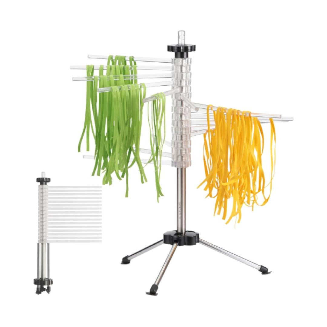 Navaris Collapsible Pasta Drying Rack – Tall Compact Pasta Stand with 16 Rods for Homemade Pasta, Spaghetti & Noodles (Silver)
