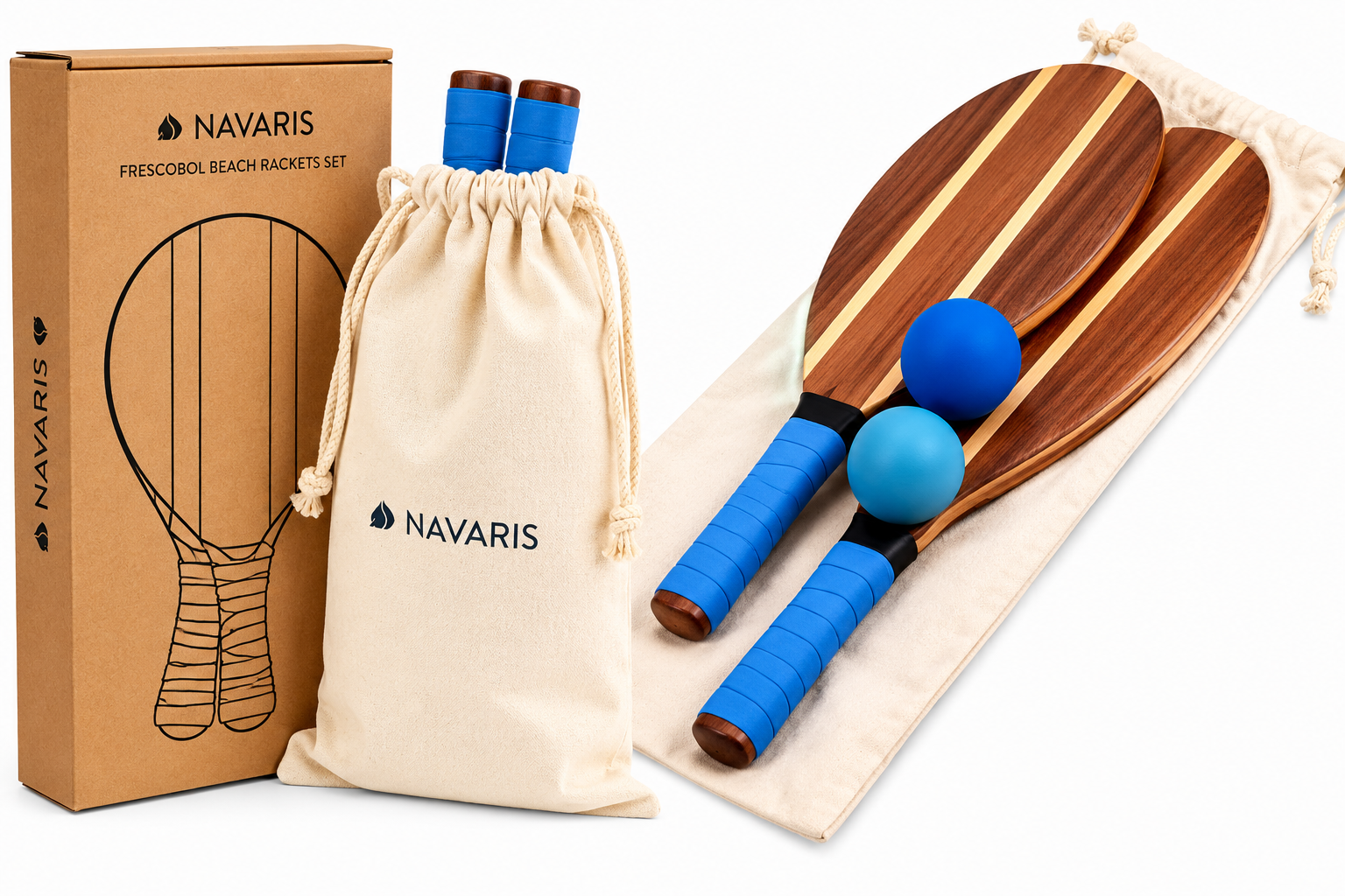 Navaris Frescobol Beach Rackets Set – 2 Wooden Paddles & 2 Balls for Outdoor Beach, Park & Garden Games