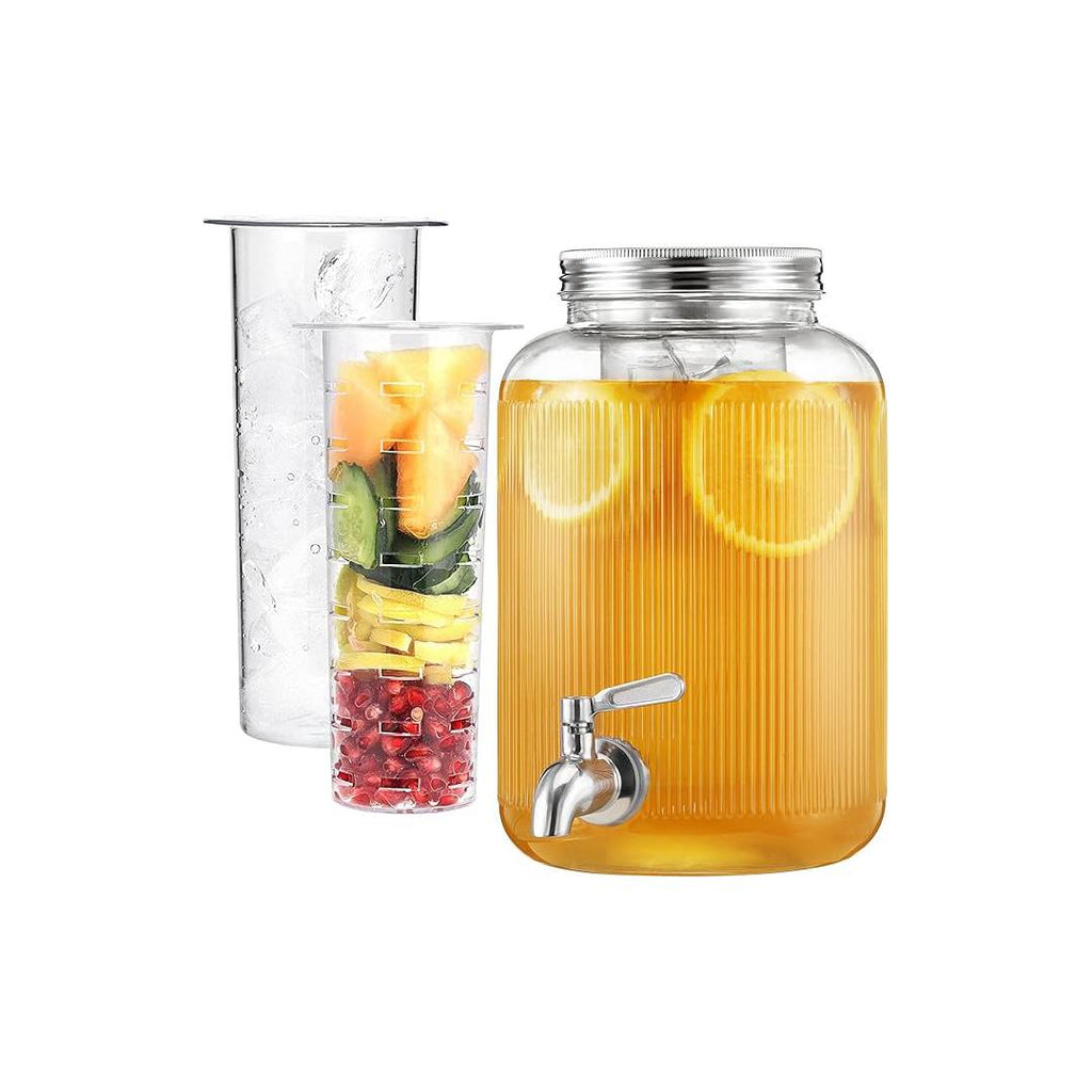 Navaris Glass Drink Dispenser with Tap – 4L (1 Gallon) Ripple Design Beverage Dispenser with Ice Insert & Fruit Infuser