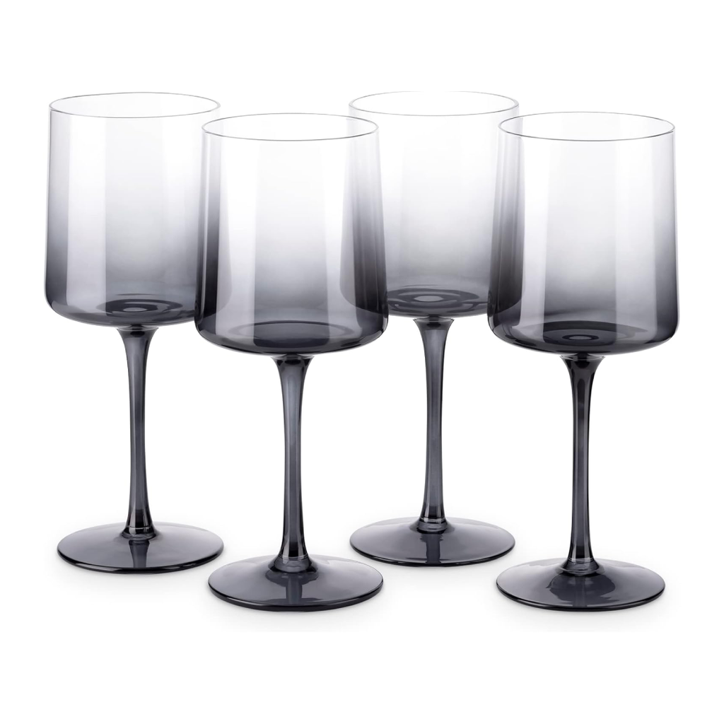 Navaris Gray Square Wine Glasses Set of 4 – 13.5oz Smoke-Colored Stemmed Glassware for Wine, Cocktails, Beer & Desserts