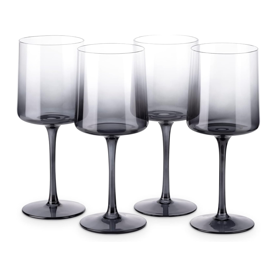 Navaris Gray Square Wine Glasses Set of 4 – 13.5oz Smoke-Colored Stemmed Glassware for Wine, Cocktails, Beer & Desserts