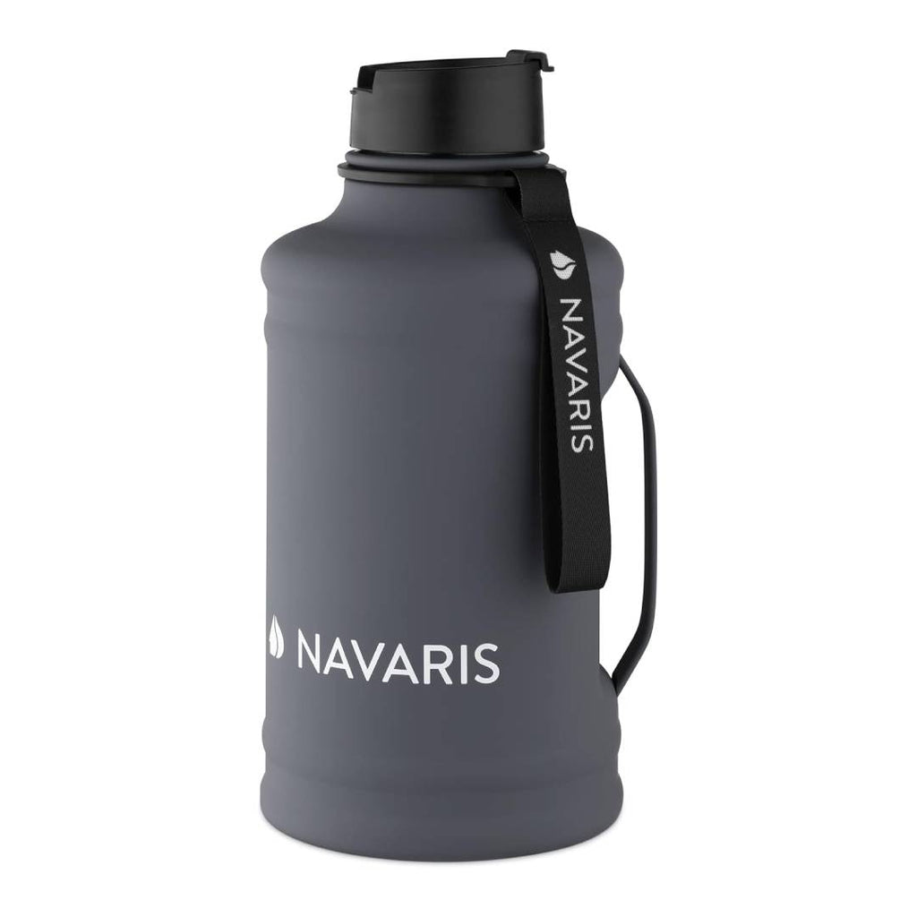 Navaris Half Gallon Water Bottle with Handle – 74oz (2.2L) Stainless Steel Water Jug for Sports, Gym & Outdoor Activities – Dark Grey