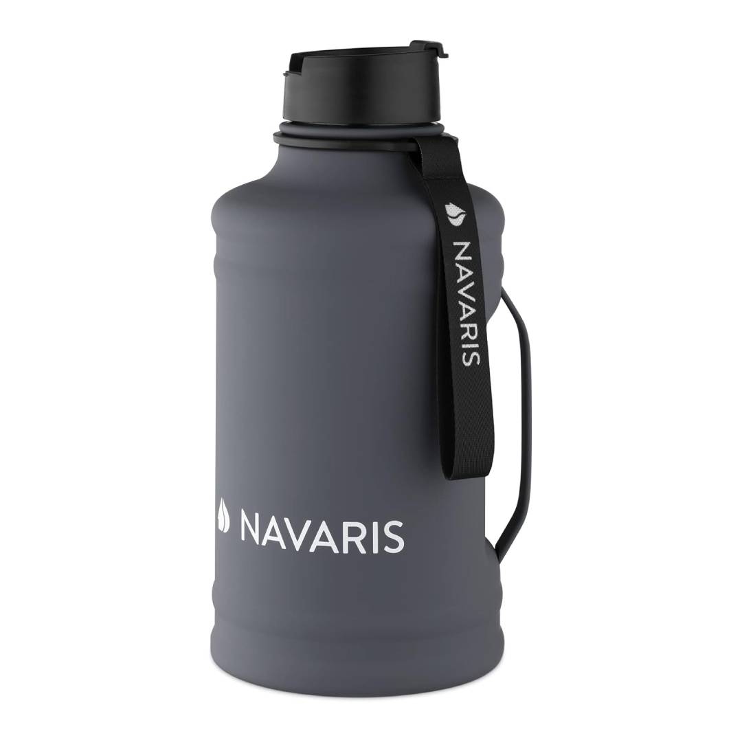 Navaris Half Gallon Water Bottle with Handle – 74oz (2.2L) Stainless Steel Water Jug for Sports, Gym & Outdoor Activities – Dark Grey