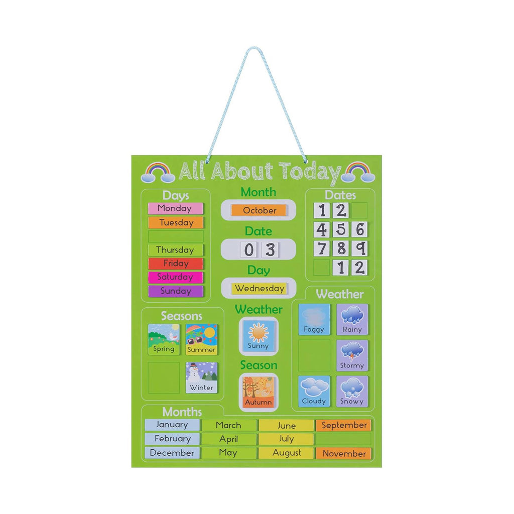 Navaris Kids Magnetic Calendar - Educational Learning Wall Board for Children with Weather, Date, Month, Day & Season Activities - Green