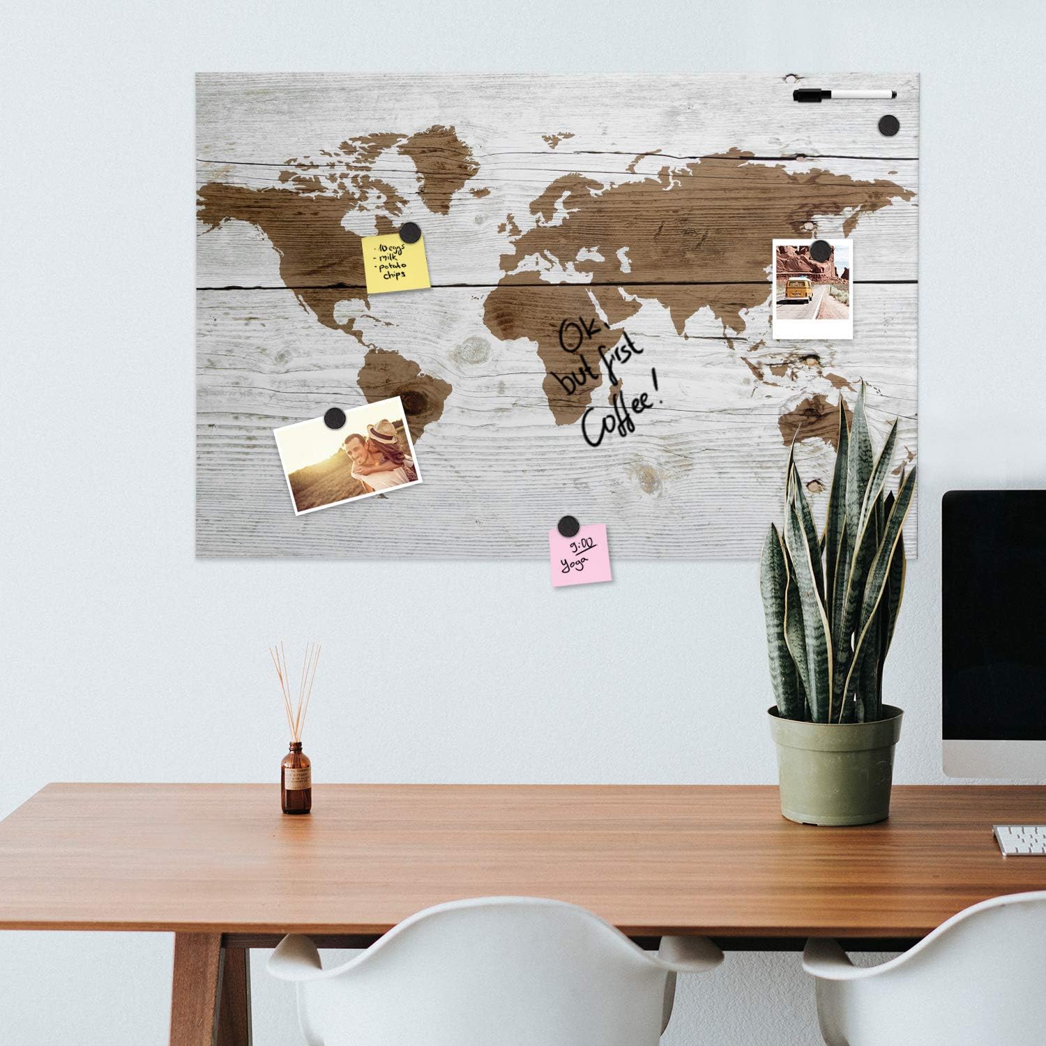 Navaris Magnetic Dry Erase Board with World Map Design - 24 x 36 Inch Decorative Whiteboard for Wall - Includes Marker & 5 Magnets