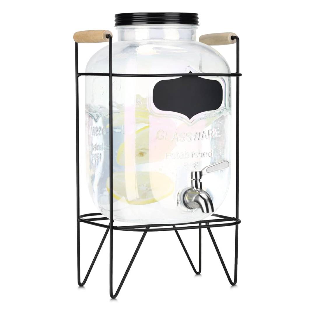 Navaris Drinks Dispenser with Tap & Stand – 5L Rainbow Glass Beverage Dispenser with Stainless Steel Tap & Metal Wire Stand